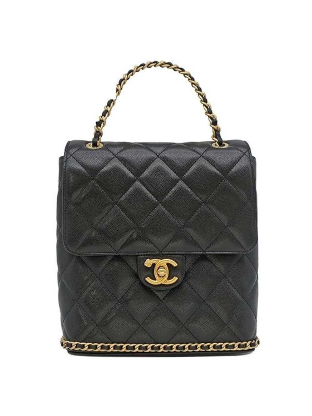 Chanel Backpack Quilted Chain Caviar Leather Black Gold
